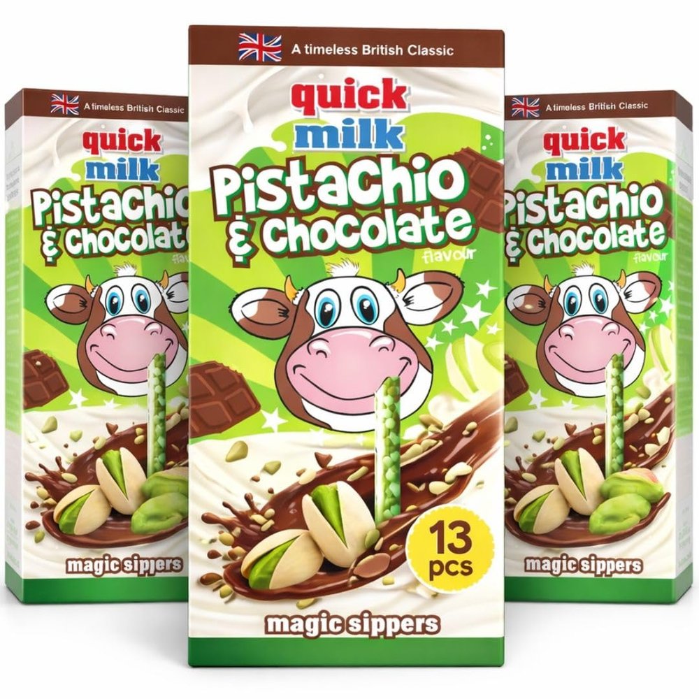 Quick Milk Magic Sipper Straws Chocolate & Pistachio Flavour 39 Flavoured Milk Straws (3 x 13 Pack) Drinking Straws for Kids, Turn Milk into Chocolate Milkshake Drink