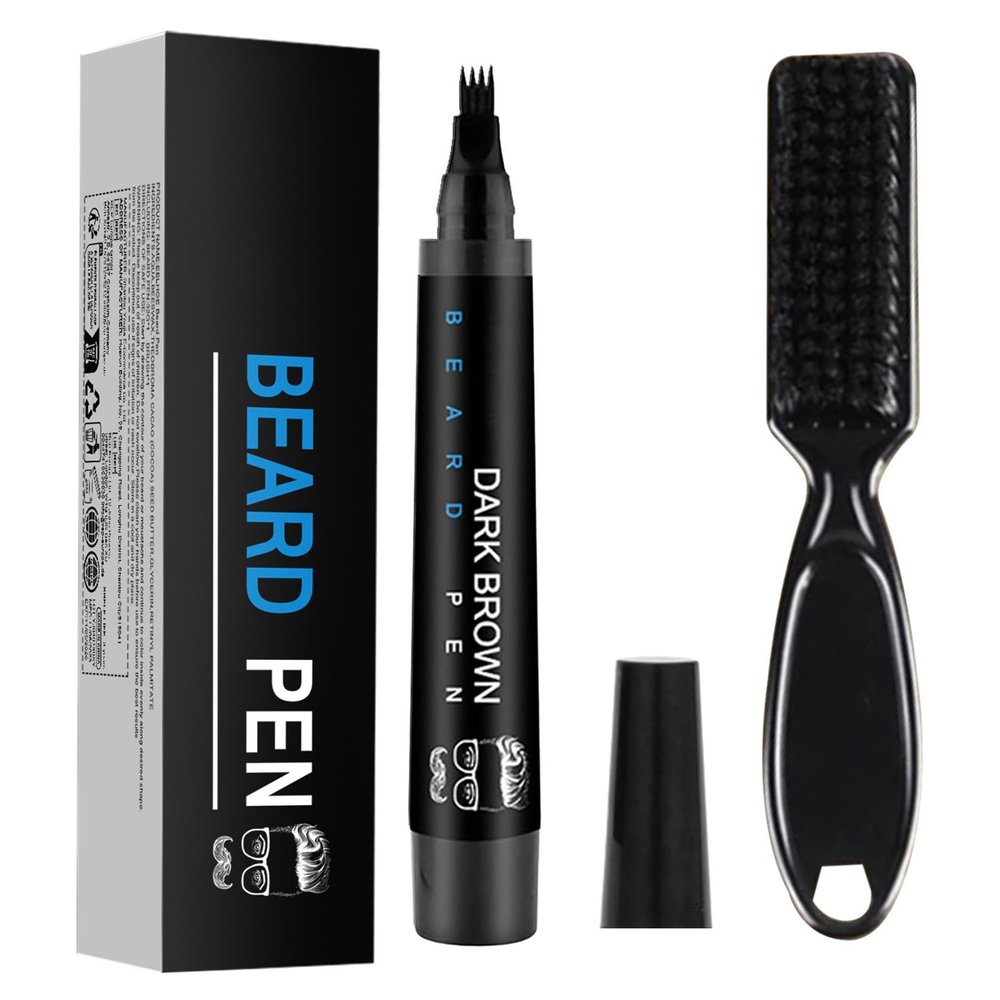 Beard Pencil Filler for Men with Precision Fork Tip & Beard Brush, Waterproof Pen for Shaping & Filling, Sweat-Resistant Grooming Kit for, Hairline & Eyebrows, Natural Brown