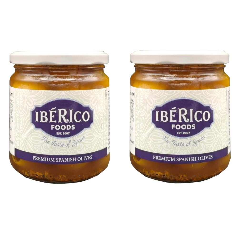 Gordal Picante Pitted Olives Meaty Spanish Olives in Hot & Tangy Brine (Glass Jar 370g x 2)