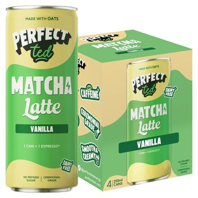 PerfectTed Vanilla Matcha Latte RTD, Ceremonial Grade Matcha, 4 x 250ml Cans, Ready-to-Drink with Gluten-Free Oats | Smooth & Creamy | Dairy-Free | Vegan