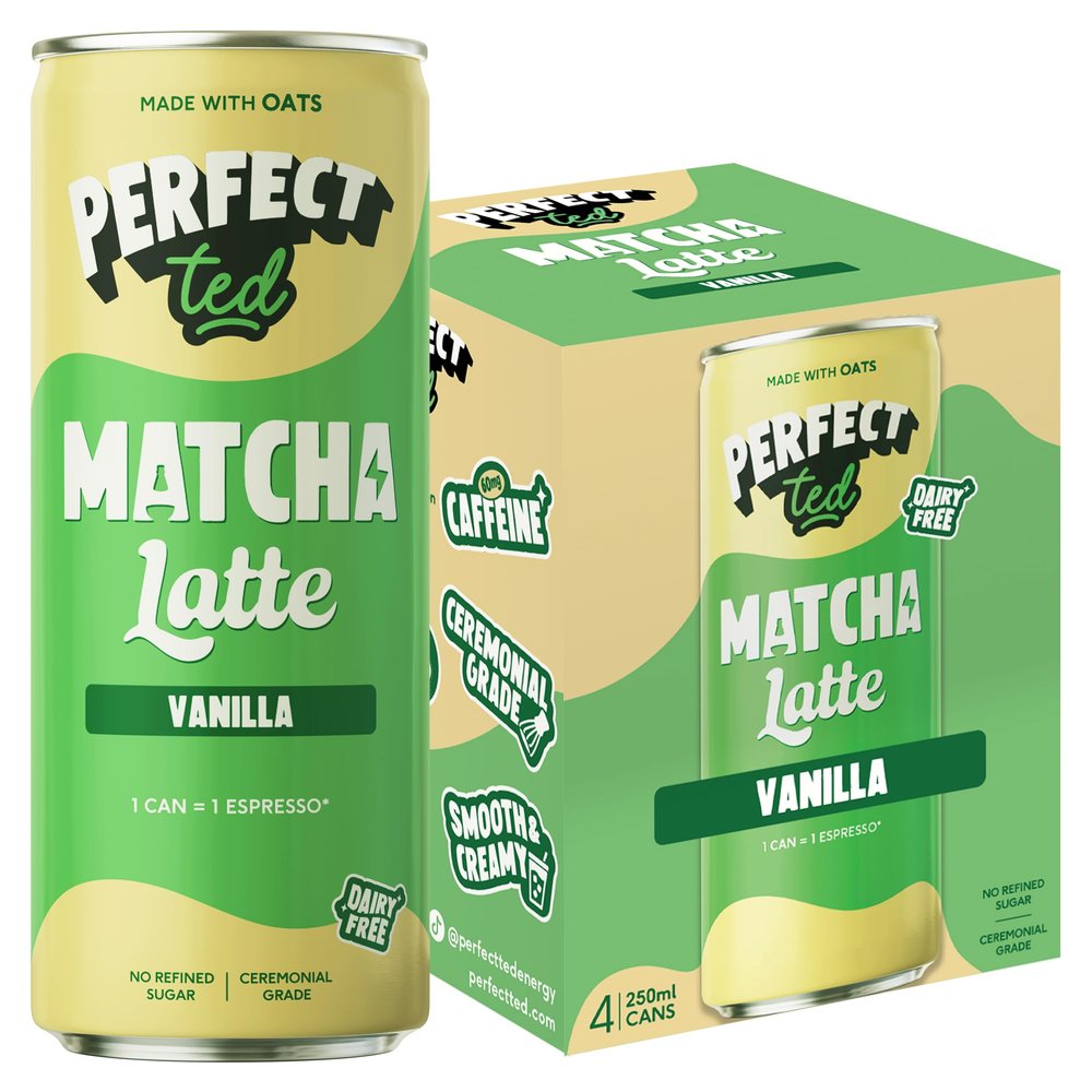 PerfectTed Vanilla Matcha Latte RTD, Ceremonial Grade Matcha, 4 x 250ml Cans, Ready-to-Drink with Gluten-Free Oats | Smooth & Creamy | Dairy-Free | Vegan