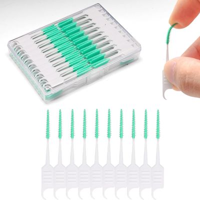 ACSKD 300PCS Dental Floss Picks,Dual-Use Interdental Brushes,Soft Silicone Brush Head Toothpicks, Tooth Picks Flossers for Teeth Braces Cleaning (Green)