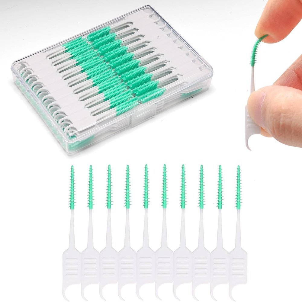 ACSKD 300PCS Dental Floss Picks,Dual-Use Interdental Brushes,Soft Silicone Brush Head Toothpicks, Tooth Picks Flossers for Teeth Braces Cleaning (Green)