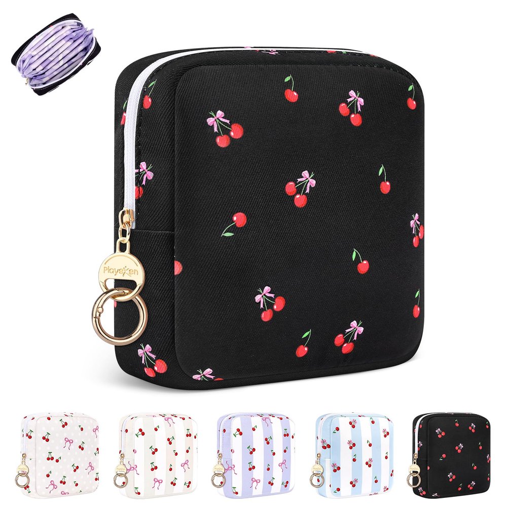 Playexen Period Bag for Teen Girls, Cute Sanitary Napkin Storage Bag, Canvas Menstrual Pad Pouch Tampon Holder for Purse (Black Cherry Bow)