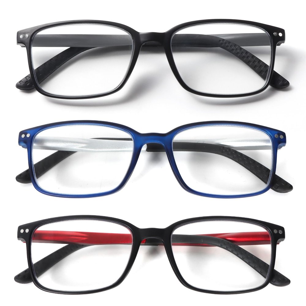 KoKoBin 3 Pack Reading Glasses for Men,Classic Lightweight Blue Light Blocking Computer Readers with Rectangular Frame (3 Pack, 3, x)
