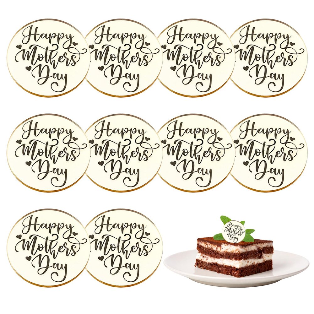 10 Pcs Happy Mother's Day Cupcake Toppers, Gold Round Acrylic Mothers Day Cake Toppers, Holiday Cake with Love Hearts for Best Mom Party Baking Dessert Mother's Day Decorations DIY Craft