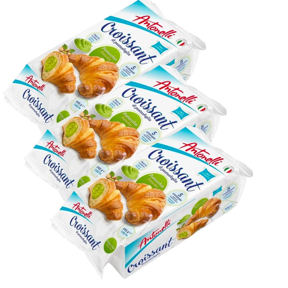 3 Packs Of Antonelli Pistachio Croissants Bundle (15 Individually Wrapped Croissants) Italian Croissant Pastries with Pistachio Cream Filling Soft Sweet Breakfast Pastry Snack