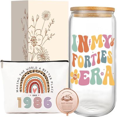 Jars Nova 40th Birthday Gifts for Women | Personalized 40th Birthday Gift Set - 16oz Glass Tumbler, Cosmetic Bag & Compact Mirror | Turning 40 Presents for Wife, Bestie, Sister, Friend