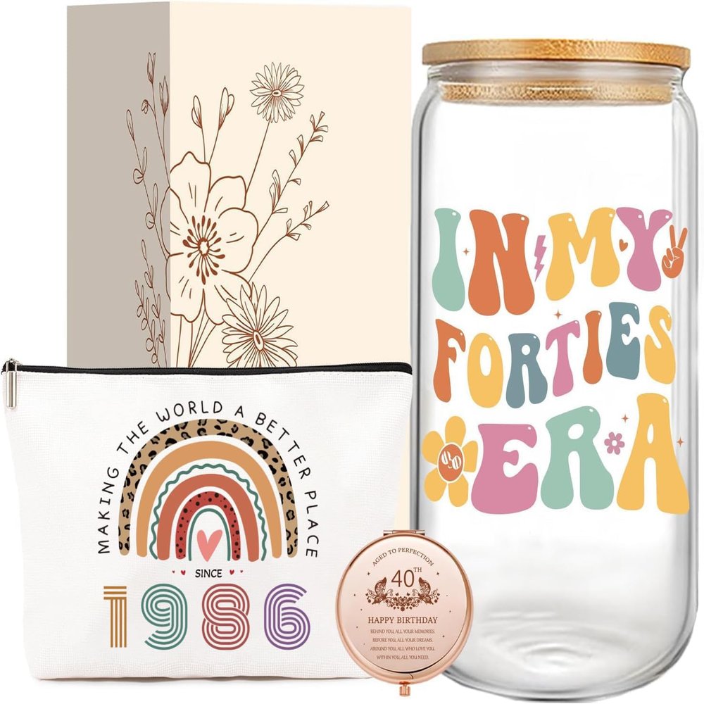 Jars Nova 40th Birthday Gifts for Women | Personalized 40th Birthday Gift Set - 16oz Glass Tumbler, Cosmetic Bag & Compact Mirror | Turning 40 Presents for Wife, Bestie, Sister, Friend