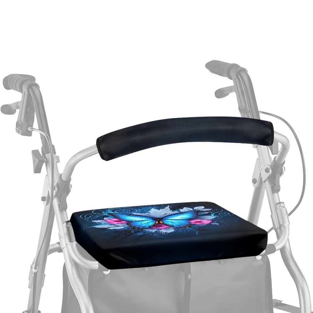 Dngkaoje Galaxy Butterfly Walker Seat Covers for Ladies Walker Seat and Backrest Covers Blue Butterfly Handle Covers for Rollator Walkers Removable Accessories Decor Roll Bar Cover