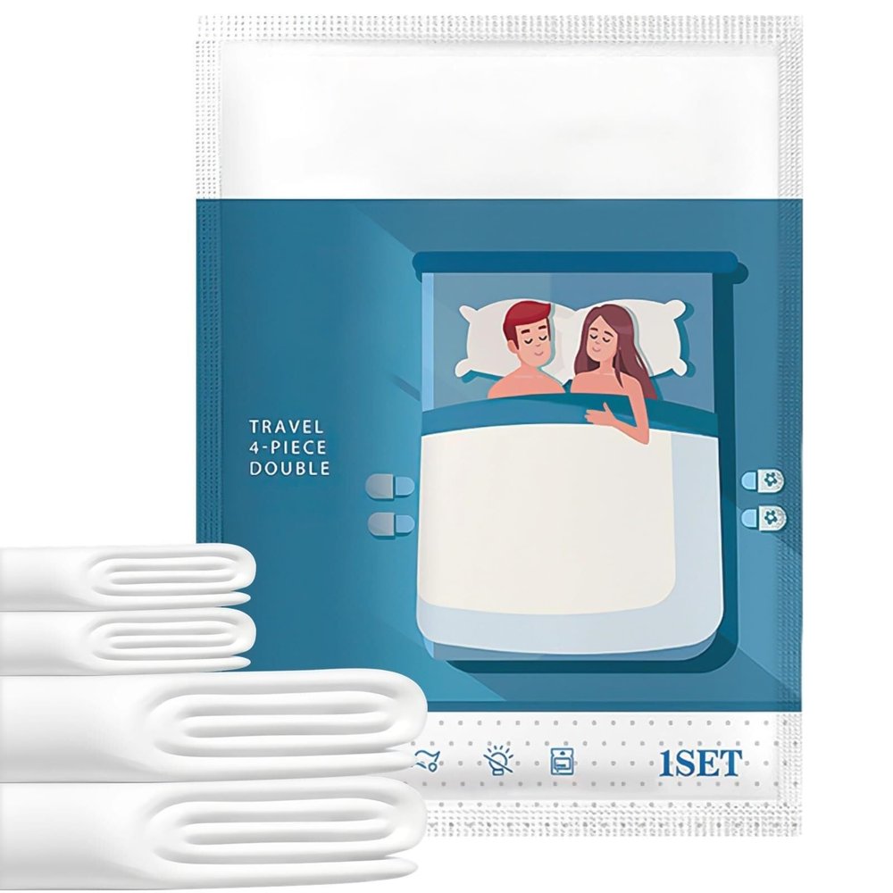 Disposable bed sheets, duvet covers, and pillowcases; hotel four-piece sets; travel bedding; thickened design; stain resistant; portable and easy to carry.