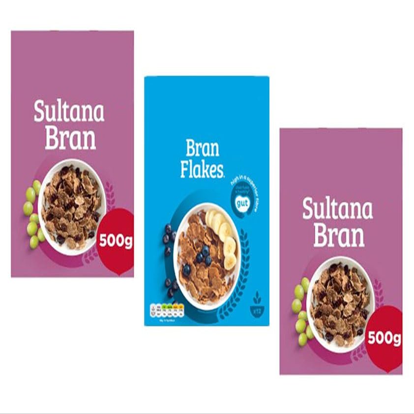 Sultana Bran 500g and Bran Flakes 375g Breakfast Cereal, Halal, Kosher, Suitable for Vegetarians, Pack of 3