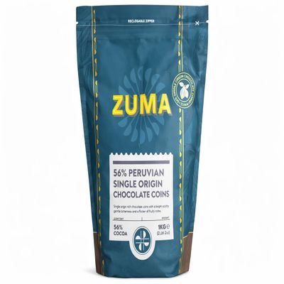 Zuma 56% Peruvian Single Origin Chocolate Coins, 1kg, Premium Barista Drinking Chocolate, Vegan Friendly