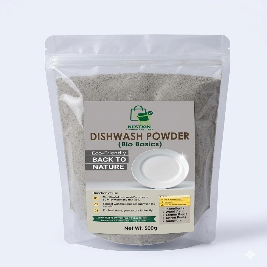 Nestkin 500g Natural Dishwash Powder, Chemical-Free Biodegradable Kitchen Cleaning Powder with Wood Ash and Lemon Peel