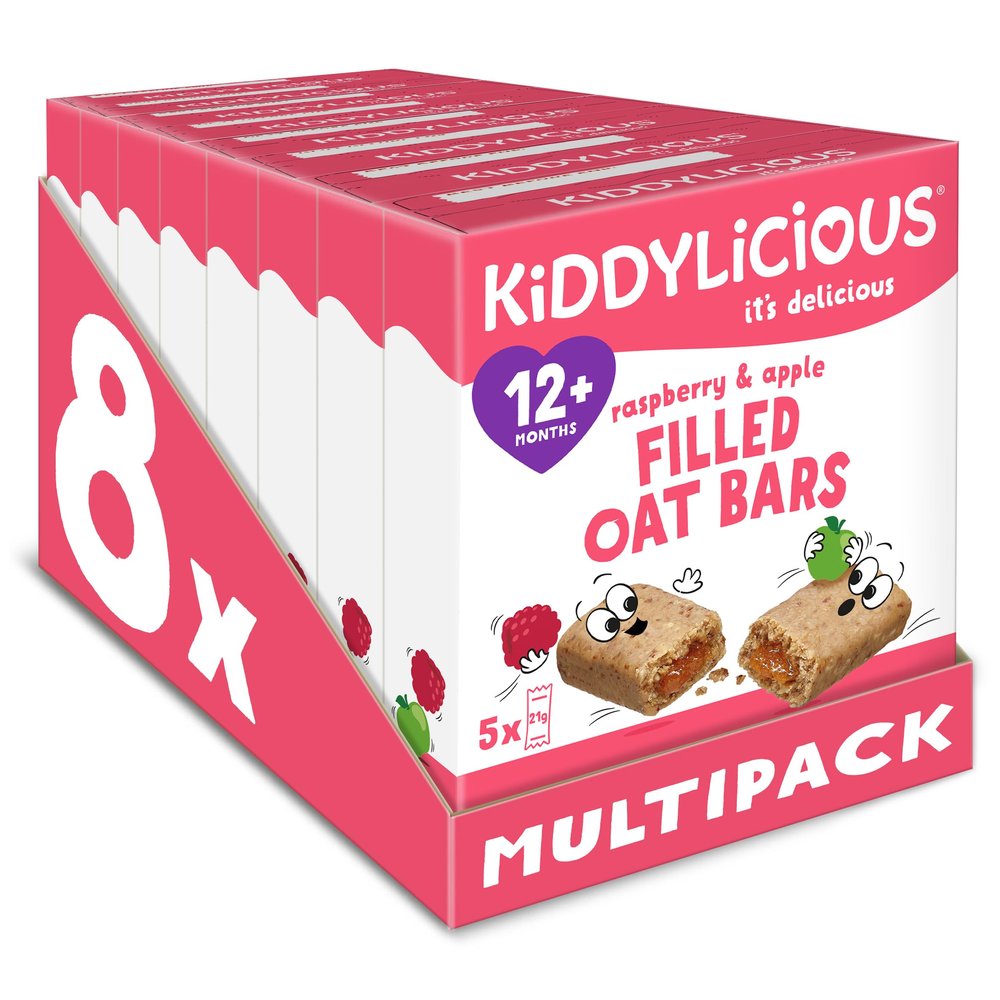 Kiddylicious Raspberry & Apple Filled Oat Bars, Soft FruitFilled Snacks for Toddlers, Source of Calcium, Individually Wrapped Bars - 40 pack