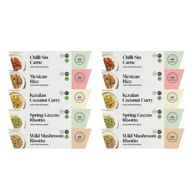 PRESS Healthfoods Vegan Ready Meals Variety Pack (10 Pack) Plant Based Microwave Meals | Chilli Sin Carne, Keralan Coconut Curry, Mexican Rice, Spring Greens & Wild Mushroom Risotto