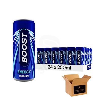 Shopior Carbonated Energy Drink with Taurine, Caffeine & B Vitamins Vegan, Gluten Free & Low Calorie Refreshing Soft Drink for Work, Sports & Gym (Boost Energy Original - 250ml x 24 Cans)