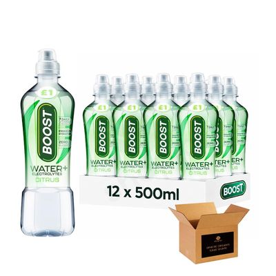 Boost Isotonic, Flavoured Sugar Free Hydration Soft Drink | Strawberry, Peach, Citrus & More | Vegan, Zero Calorie for Sports, Gym | (Water+Electrolyte Bottles-500ml-Pack 12, Citrus)