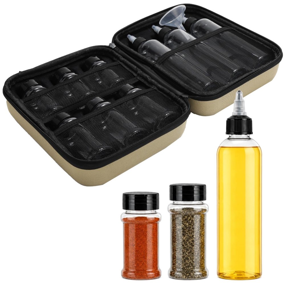 11 Pcs Camping Spice Kit with 6 Powder, 3 Liquid Containers with Leakproof Lids, Portable Funnel with Hard Case, Seasoning Bottle with Storage Bag for Outdoor Travel Camping BBQ Picnic