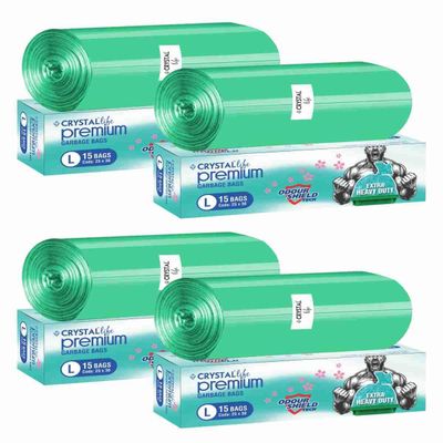 Crystal Life Premium Garbage Bags Green, Large, 25 x 30 Inches, Extra Heavy Duty, Odour Shield Tech, Tie-String Closure (15 Bags per Roll, 4 Pack)