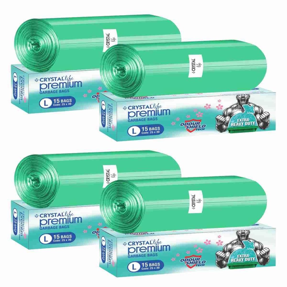 Crystal Life Premium Garbage Bags Green, Large, 25 x 30 Inches, Extra Heavy Duty, Odour Shield Tech, Tie-String Closure (15 Bags per Roll, 4 Pack)