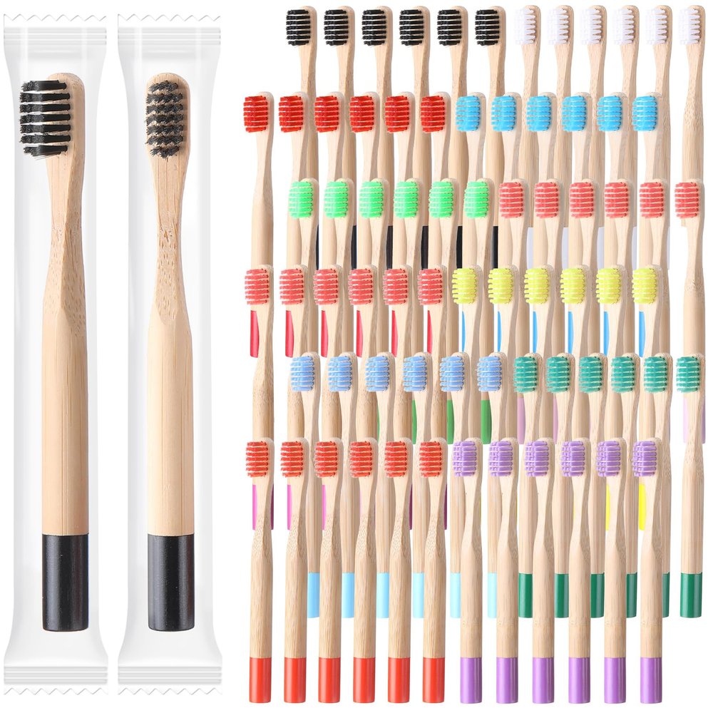 24 Pcs Kids Bamboo Toothbrushes Soft Bristle Toddler Toothbrush BPA Free Wooden Travel Toothbrushes for Kids Children Home Travel School, 5.7 Inches, Individually Wrapped
