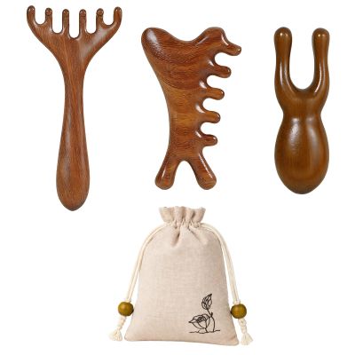 4 PCS Head Massage Tools, Wooden Scalp Massager, 3 Different Massagers and Storage Bag, Portable Head Massage Tools for Relaxation and Tension Relief, Natural Wood Material