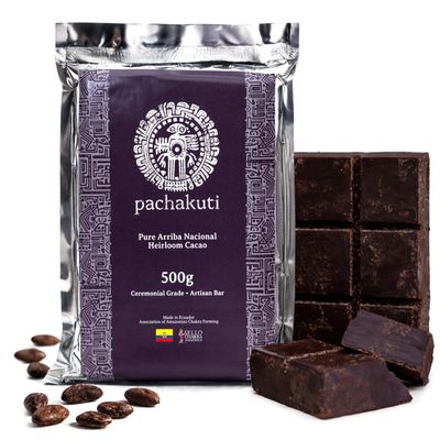 Pachakuti Cacao - Authentic Stone Ground Ceremonial Grade Artisan Bar - 100% Pure Arriba Nacional Heirloom Cacao - Ethically Sourced from the Ecuadorian Amazon - Chakra Farmed - 500g