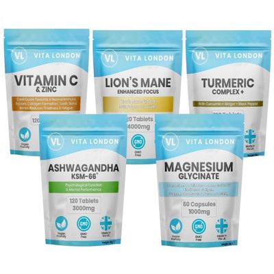 5-in-1 Fab Vitality Wellness Bundle Ashwagandha, Magnesium, Vitamin C, Lions Mane & Turmeric 5 Pouch Supplement Set Vegan, UK Made Capsules & Tablets