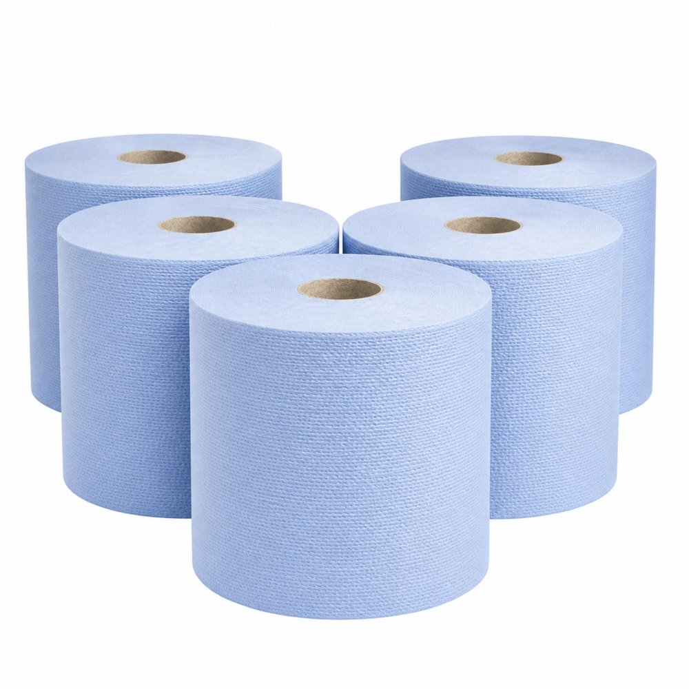Blue Paper Rolls Pack of 6, 2 Ply Embossed Centrefeed Towels, Absorbent Cleaning Tissue for Kitchen, Workshop, Restaurant, Garage, Washroom & Commercial Wiping