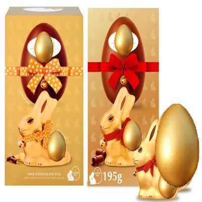 AVP 2 X Gold Bunny Easter Egg 195g 1 Milk Chocolate with Crunchy Biscuit Shell, 1 Gold Bunny Egg Milk Chocolate Easter Chocolate for Sharing Easter, gift