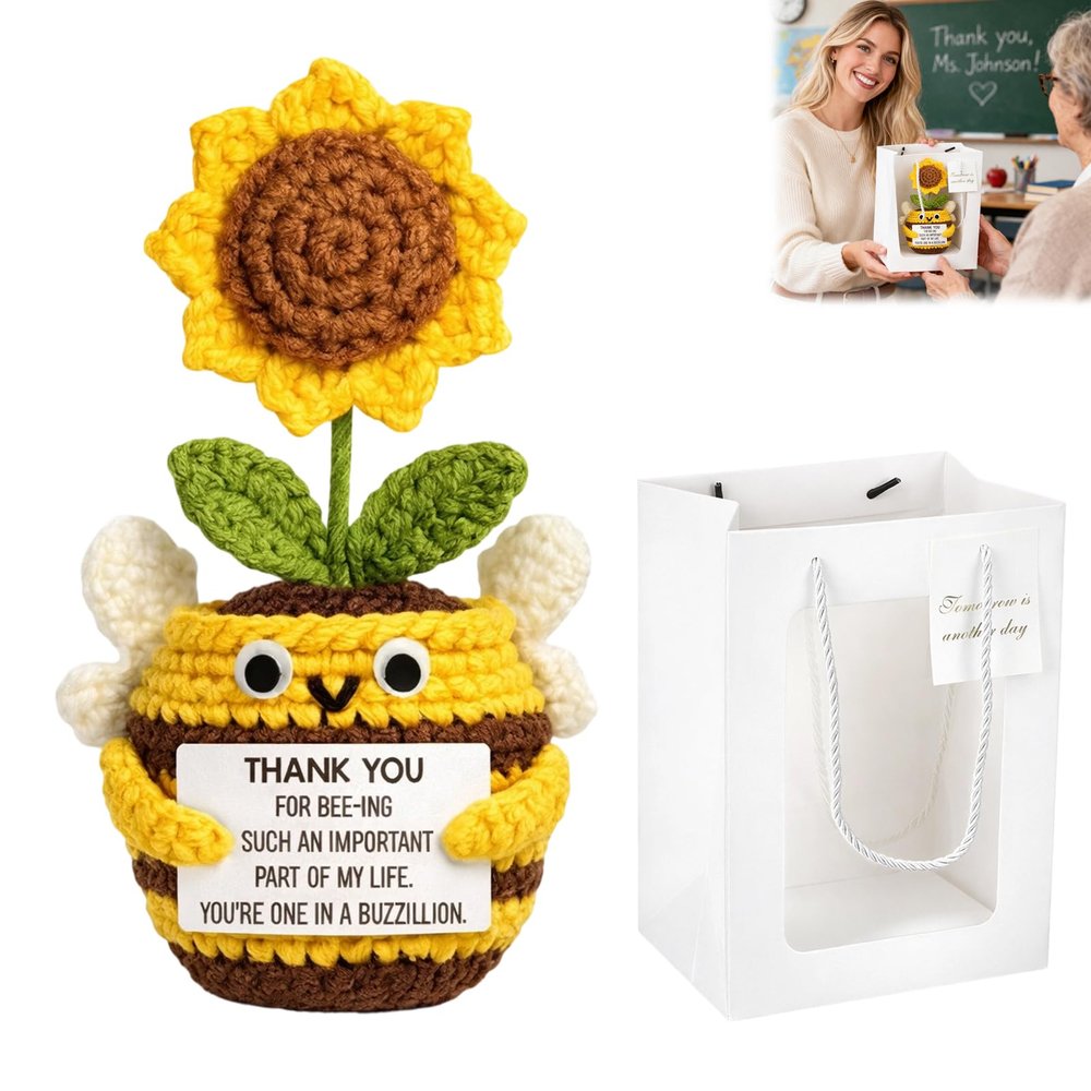 Teacher Gifts, Thank You Gifts for Women, Crochet Sunflower Teacher Gifts, Appreciation Gifts for Colleagues and Staff Members, Bee and Sunflower Set with Storage Bag