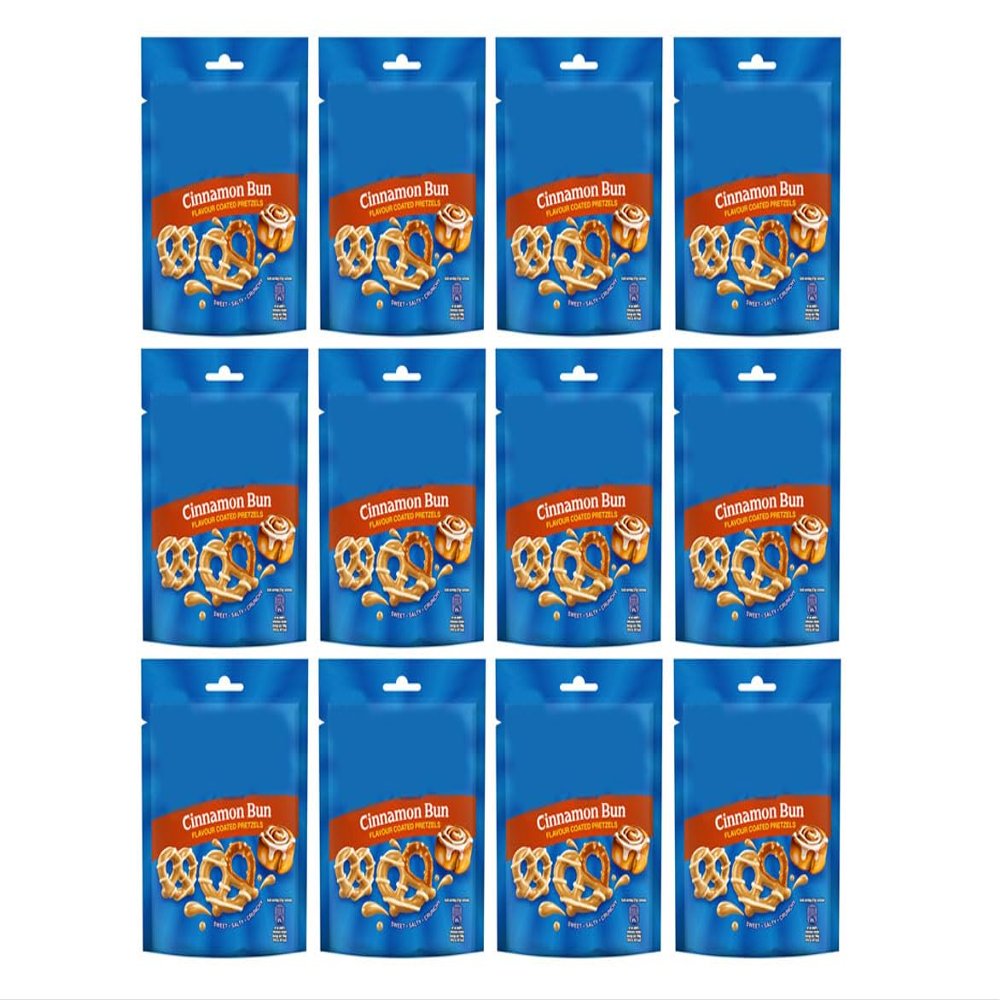 Cinnamon Bun Flavour Coated Pretzel Snacks, Sweet, Salty and Crunchy, Vegetarian, 80g,Pack Of 12