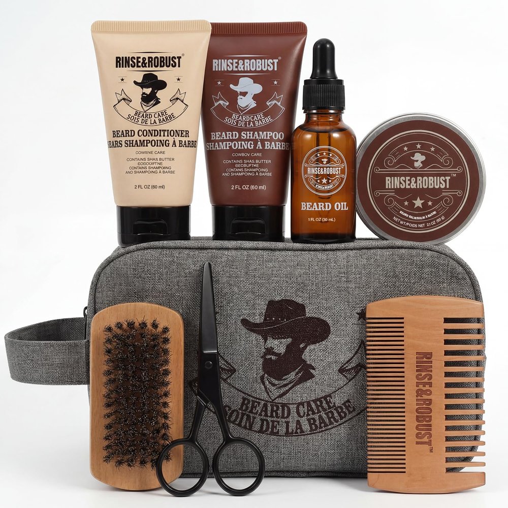Rinse & Robust Beard Grooming Kit for Men Gifts, 8PC Cedar Beard Care Kit