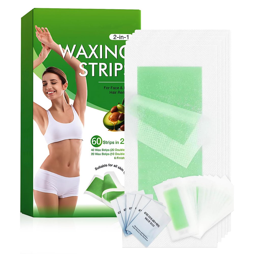 66 Count Wax Strips Set, 40 Body Waxing Strips 20 Face Wax Strip 6 Calming Wipes, Complete Hair Removal Kit for Smooth Skin from Head to Toe