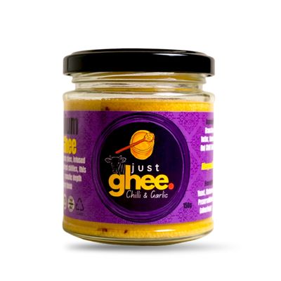 Just Ghee Chilli Garlic Ghee 150g | Grass-Fed Clarified Butter Infused with Roasted Garlic & Red Chilli | High Smoke Point Cooking Ghee | Keto, Handcrafted in UK