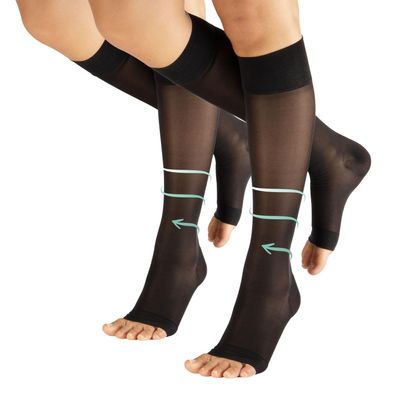 CALZITALY PACK 1/2 Pairs Open Toe Graduated Compression Socks for Women 70 DEN, Flight Socks for Men and Women, Toeless Medical Support Socks 10-14 mm/Hg (Pack - 2 Pairs Black, XS/S)