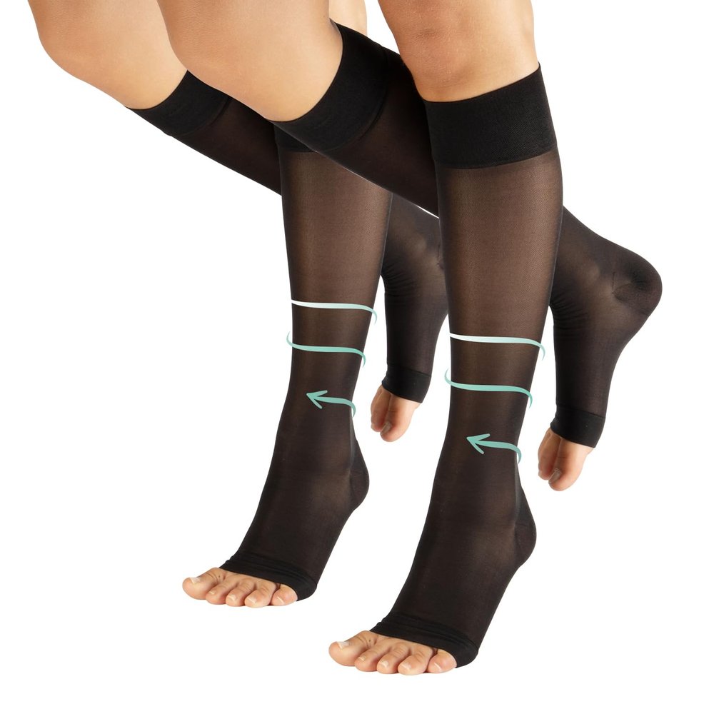 CALZITALY PACK 1/2 Pairs Open Toe Graduated Compression Socks for Women 70 DEN, Flight Socks for Men and Women, Toeless Medical Support Socks 10-14 mm/Hg (Pack - 2 Pairs Black, XS/S)
