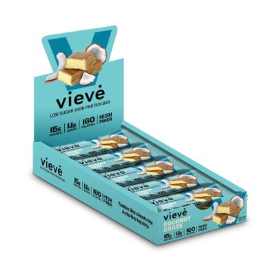 Vieve Protein Bars - Coconut Craze Flavour - High Protein 15g - High Fibre, 1.1g Sugar, Gluten Free Snacks for Snacking & Post-Workout Nutrition - Real Coconut Pieces - 12-Pack Box