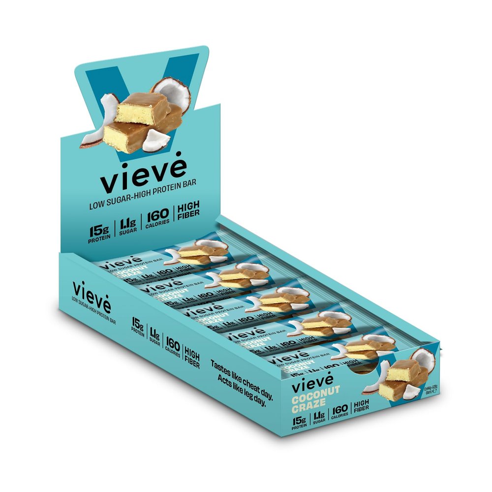 Vieve Protein Bars - Coconut Craze Flavour - High Protein 15g - High Fibre, 1.1g Sugar, Gluten Free Snacks for Snacking & Post-Workout Nutrition - Real Coconut Pieces - 12-Pack Box