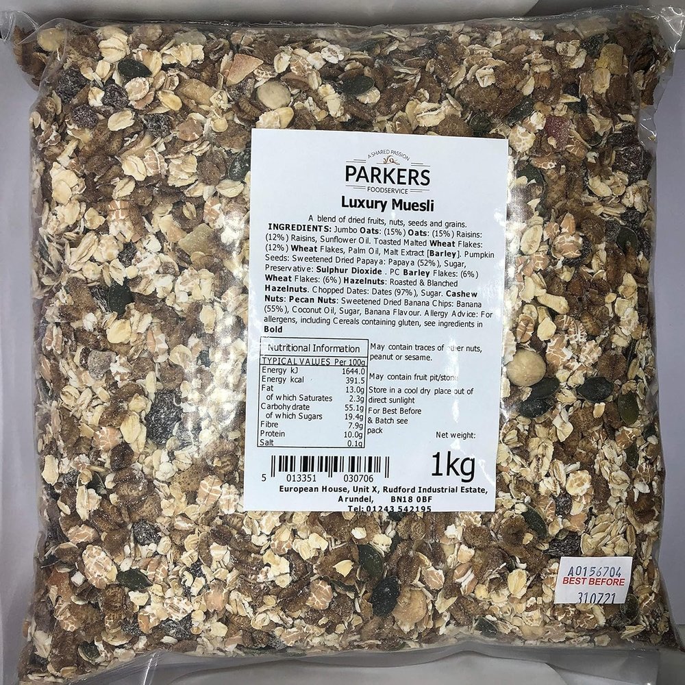 Parkers Foodservice Luxury Muesli 1kg - Case of 10 | Fruit, Nut & Oat Breakfast Cereal | Bulk Catering Bag