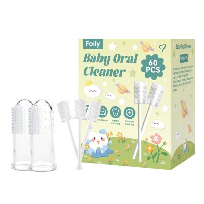 Foily 60-Pack Baby Tongue Cleaner Gauze with 2 Finger Toothbrush Gentle Newborn Oral Care, Disposable Toddler Tooth Brush for 0-24 Months Tooth Mouth Gum Clean (Square Style)