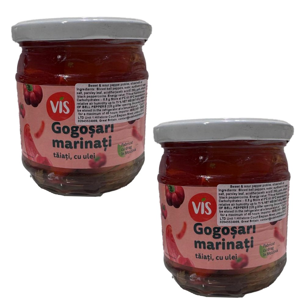 Vis Gogosari 400G Sweet and Sour Bell Pepper Pickles Drain Weight 220G Sliced with Oil Ready to Eat Product of Moldova Pack of 2