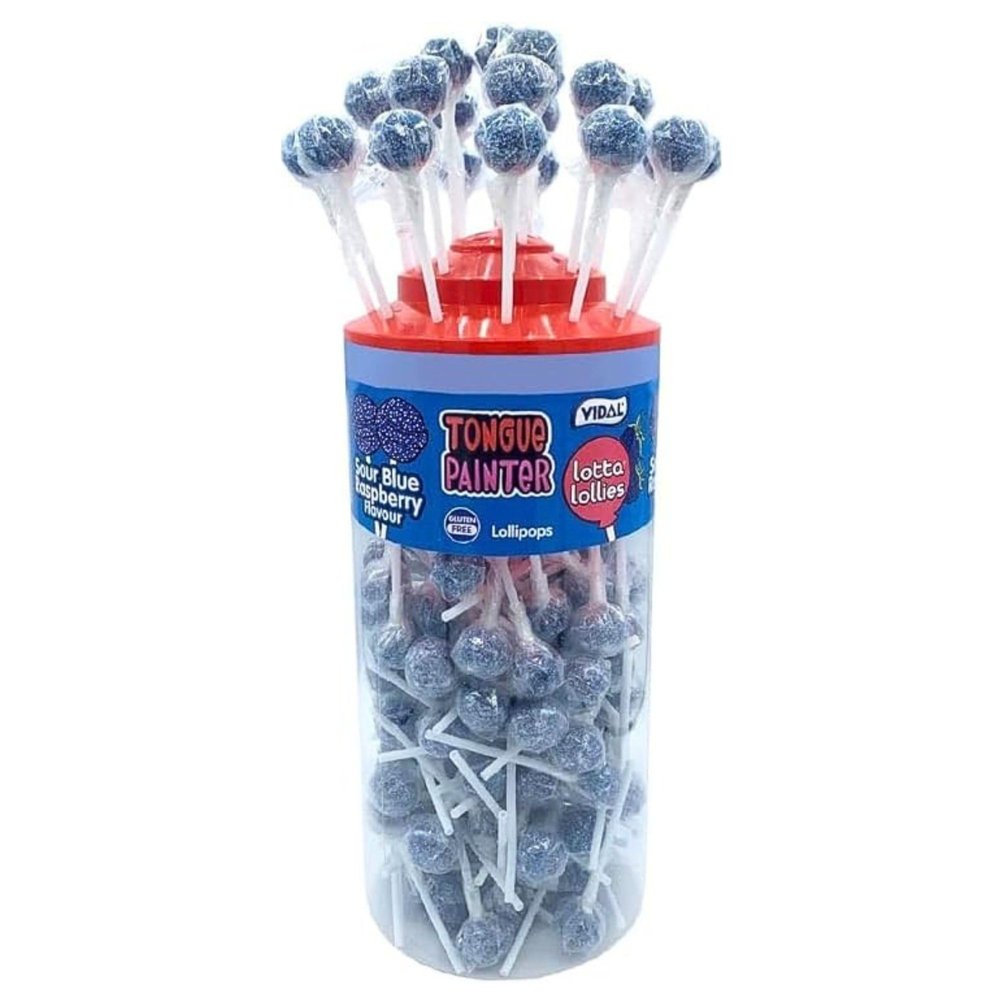 Vidal Lotta Lollies Sour Blue Raspberry Tongue Painting Lollipops 150 Count Bulk Tub | Fun, Long-Lasting Candy for Parties, Events & Sweet Shops