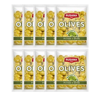 Rusana Green Pitted Olives 180g Mediterranean Style Ready to Eat Olives in Fresh Pouch Pack for Snacks Salads & Cooking (Pack of 10)