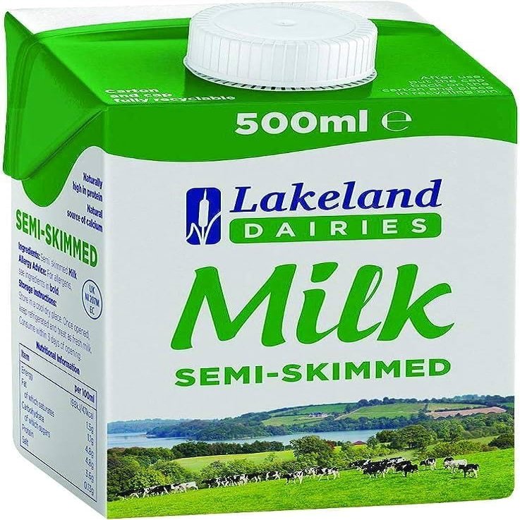 Lakeland Dairies Semi-Skimmed Milk 500ml (Pack of 24) | Fresh UHT Long Life Milk | Source of Calcium & Protein | Ideal for Tea, Coffee & Cooking
