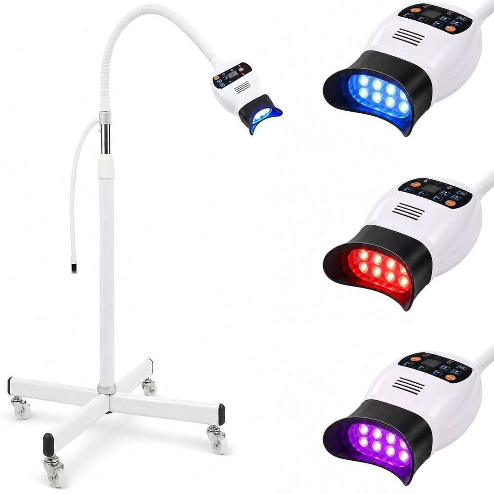 Mobile Teeth Whitening Machine with 3 Color Light Led Teeth Whitening Light with Height Adjustable 75-95cm & 2 Adjustable Intensity Levels, Timer 1-30 Min, for Home, Beauty Salon