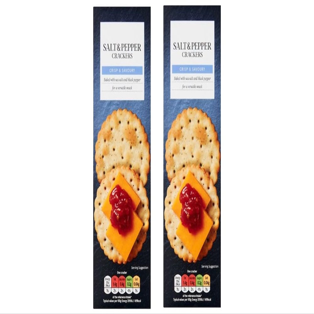 Salt & Pepper Crackers, Crisp & Savoury, Baked with Sea Salt and Black Pepper, 185g, Pack of 2,enjoyed on their own as a satisfying snack.