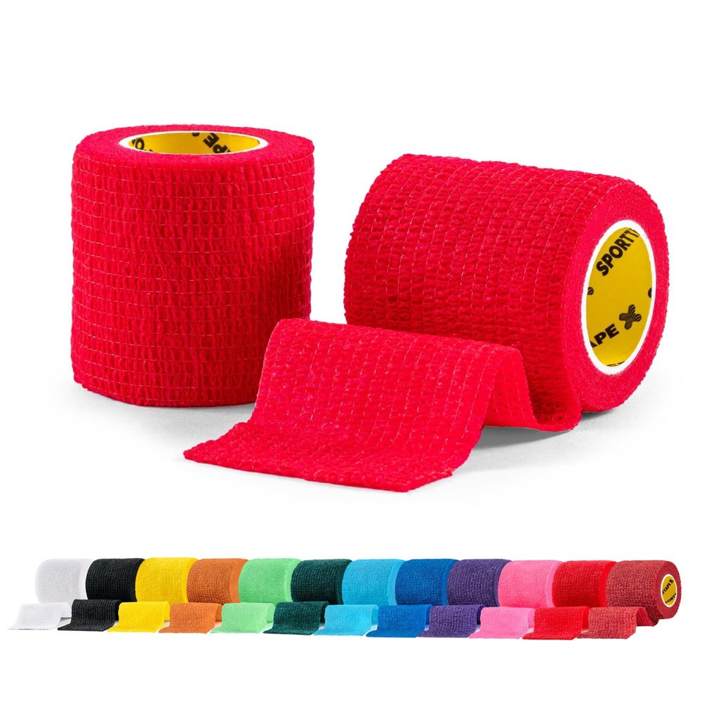 2 Rolls SPORTTAPE Football Sock Tape, 5cm x 4.5m, Red - Self-Adhesive Cohesive Bandage, Compression Wrap & Sports Stretch Tape for Ankles, Joints, Socks, Vet & Pet Wrap for Dogs, Horses