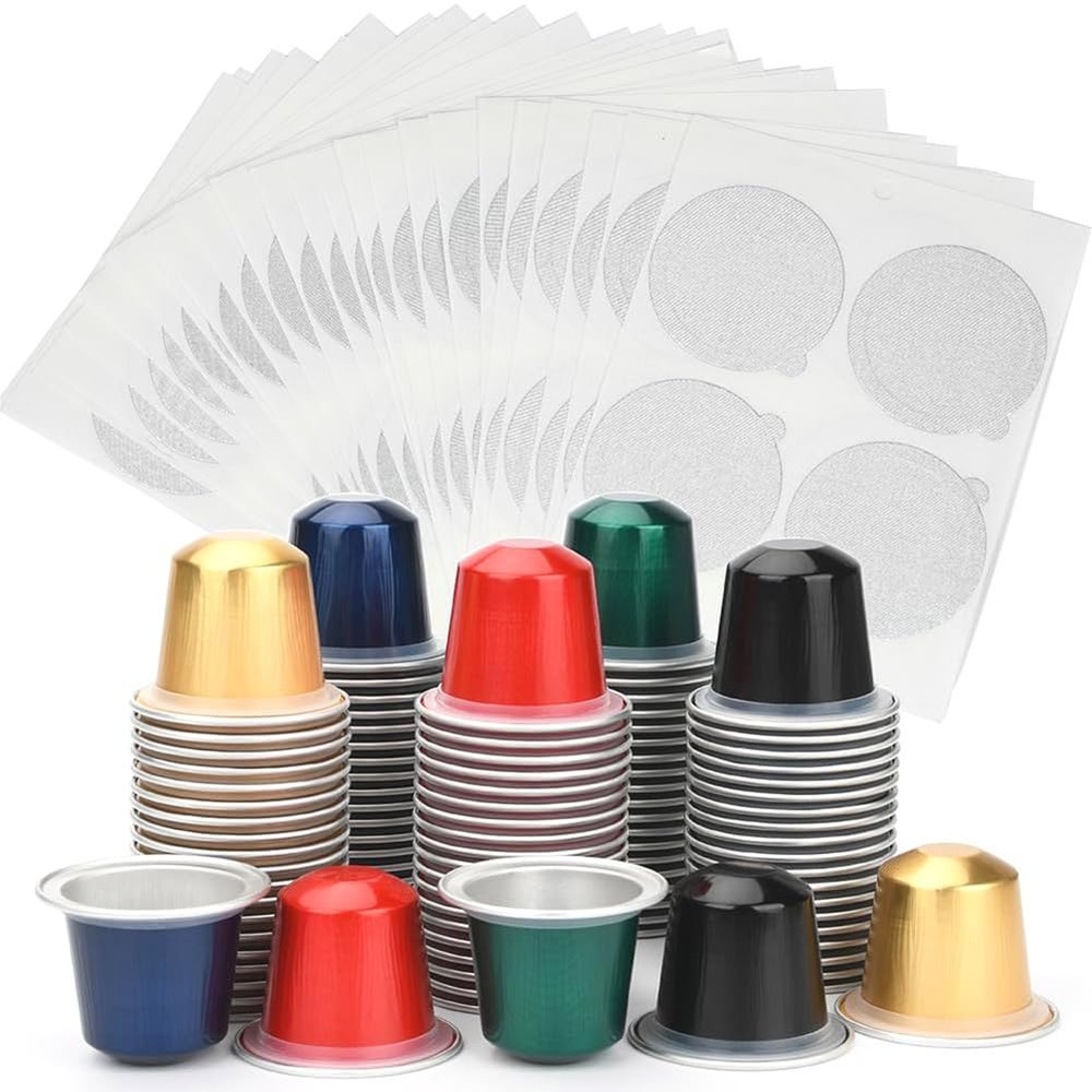 Awwertse Coffee Pods Fillable Empty Aluminum Foil Capsules Compatible-Make Your Own Espresso Coffee Cups& Filters(100 Pods+ 100 Lids)
